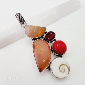 Sunset Colors Shiva Eye Coral Agate Garnet Ethnic Handmade Pendant Jewelry 2.65"